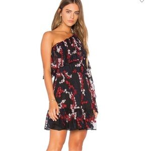 Black Floral One-Shoulder Ruffle Dress